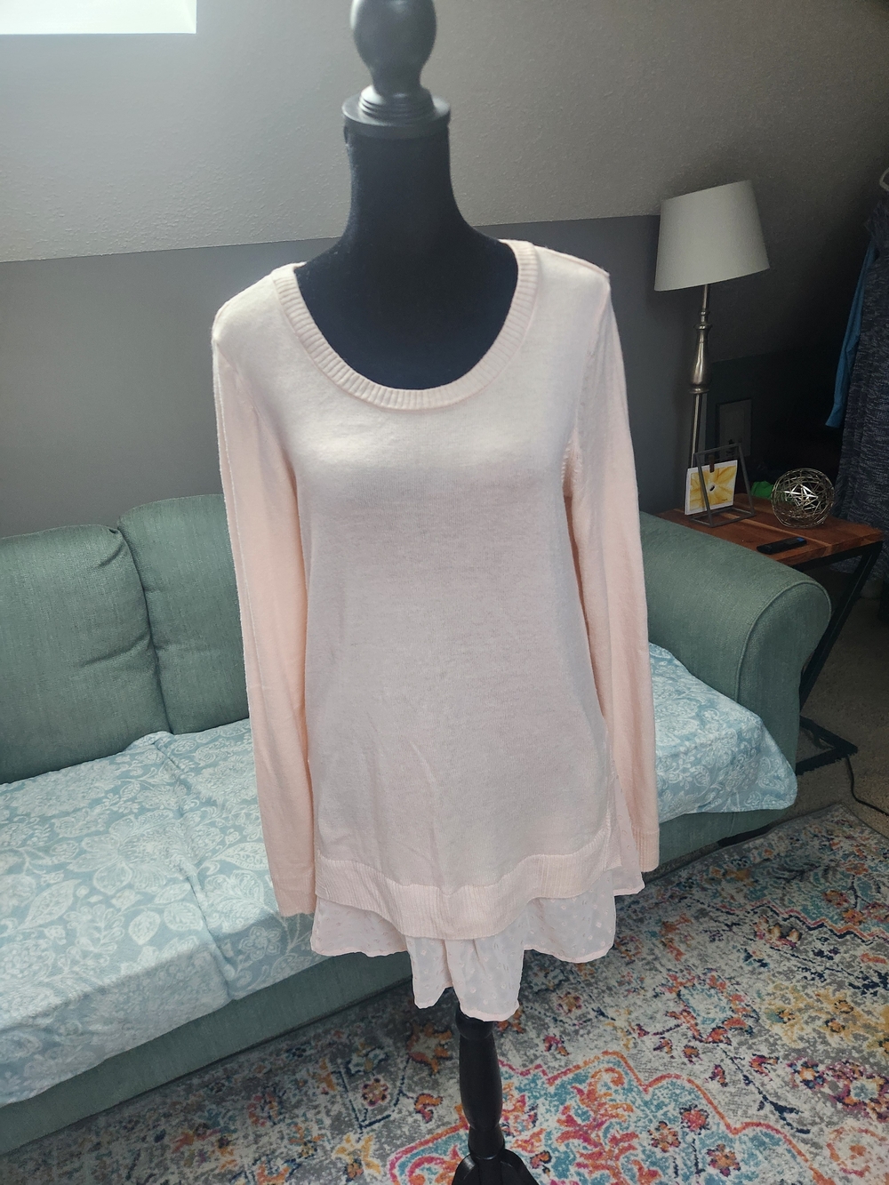 Ann Taylor Light Pink Long Sleeve Sweater With Attached Shirt Tails Medium